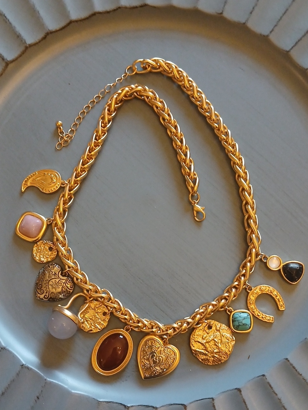 Gold Charm Necklace with Mixed Stone Accents - Women Jewelry